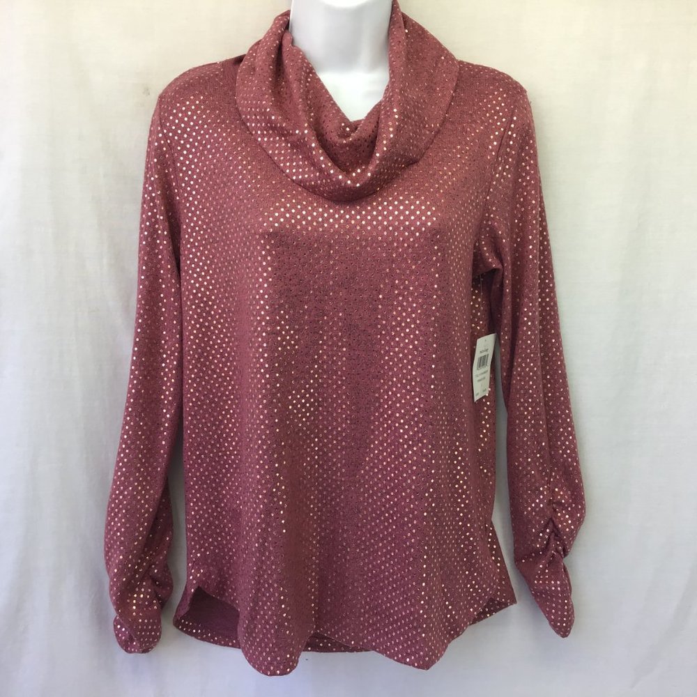 Retrology Rose Gold Polka Dot Ruched Sleeve Cowl Neck Popover Tunic NWT S/P